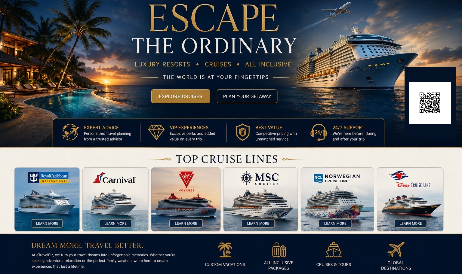 eTravelBiz luxury cruise and resort homepage
